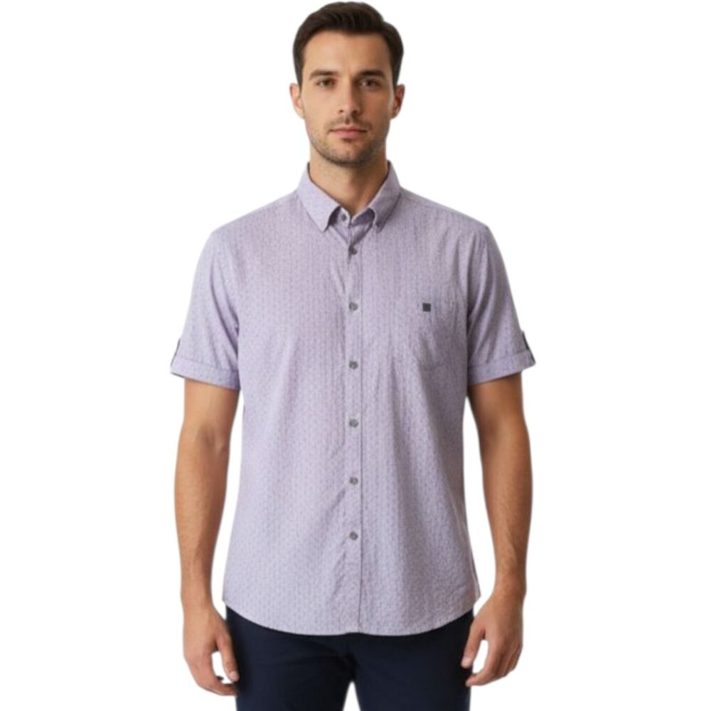 Ted Baker Button Down Short Sleeve Shirt Size 5 Purple With Dots EUC